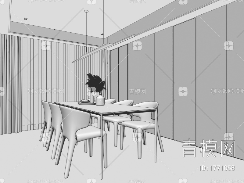 餐厅 餐桌椅 玻璃柜 书柜 画 吧台 酒柜 奶油风餐厅 吊灯 岛台3D模型下载【ID:1771058】
