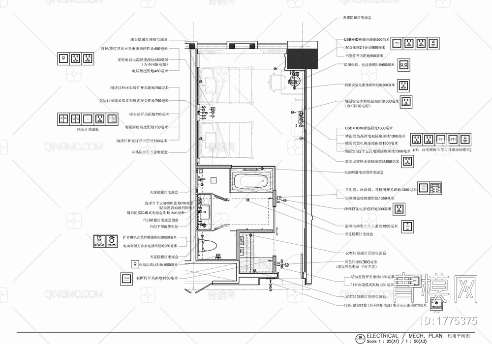 40㎡酒店标准双人间室内施工图 酒店客房 双人间 标准间 标间【ID:1775375】