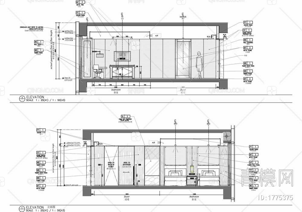 40㎡酒店标准双人间室内施工图 酒店客房 双人间 标准间 标间【ID:1775375】