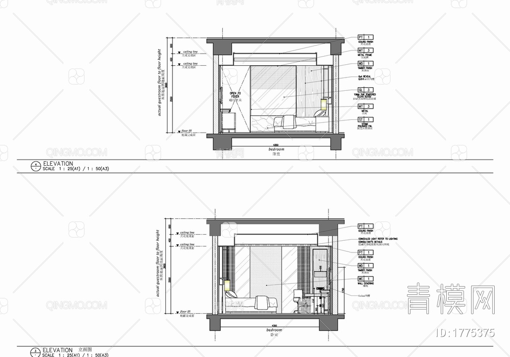 40㎡酒店标准双人间室内施工图 酒店客房 双人间 标准间 标间【ID:1775375】