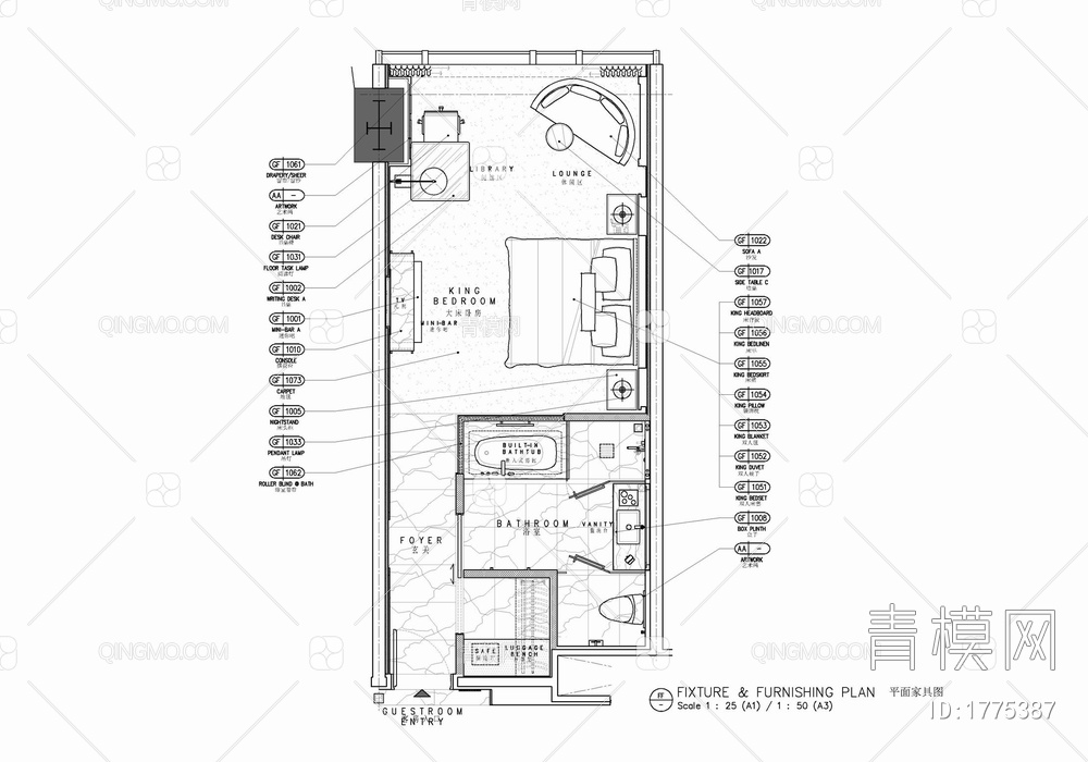 45㎡酒店标准大床房室内施工图 酒店客房 套房 大床房 单人间【ID:1775387】