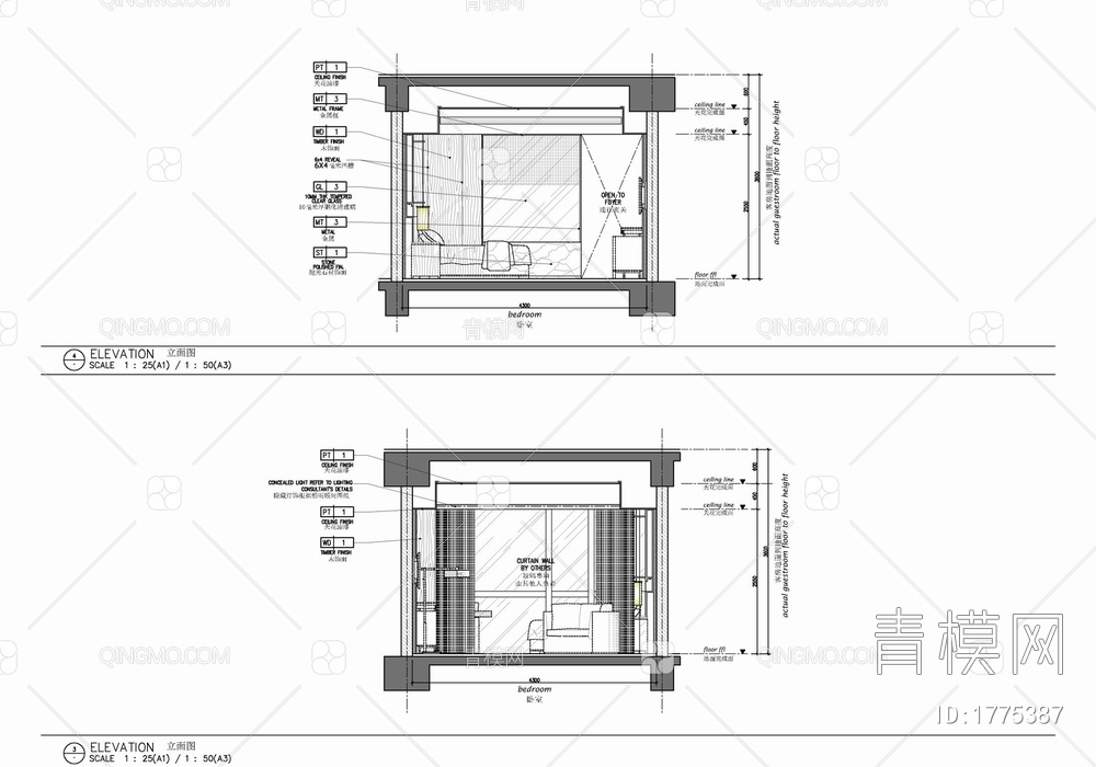 45㎡酒店标准大床房室内施工图 酒店客房 套房 大床房 单人间【ID:1775387】