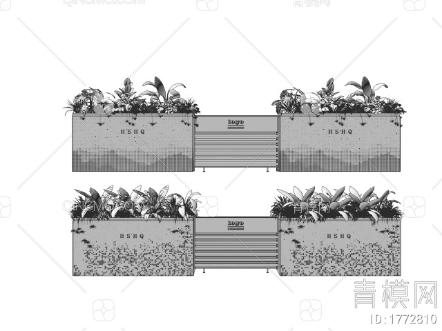 植物盆栽组合 户外移动花箱 花池花坛 护栏隔断 围栏3D模型下载【ID:1772810】