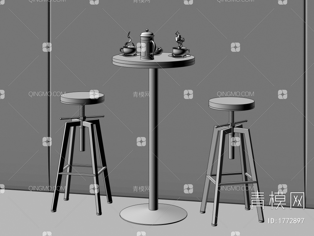 咖啡店圆桌椅组合，吧椅，咖啡桌椅，休闲桌椅3D模型下载【ID:1772897】