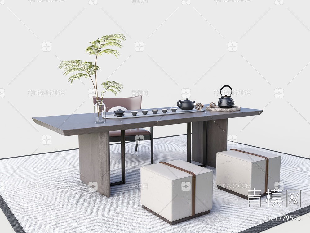 实木茶桌椅组合3D模型下载【ID:1779593】