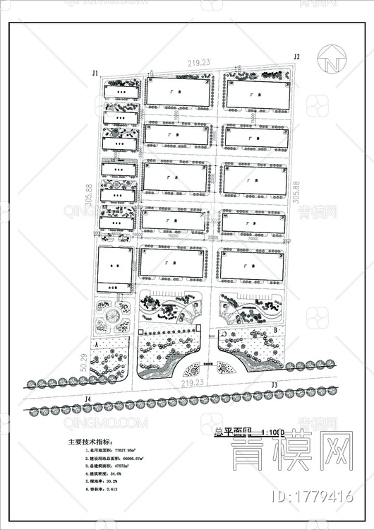 厂区规划加绿化cad总平面【ID:1779416】