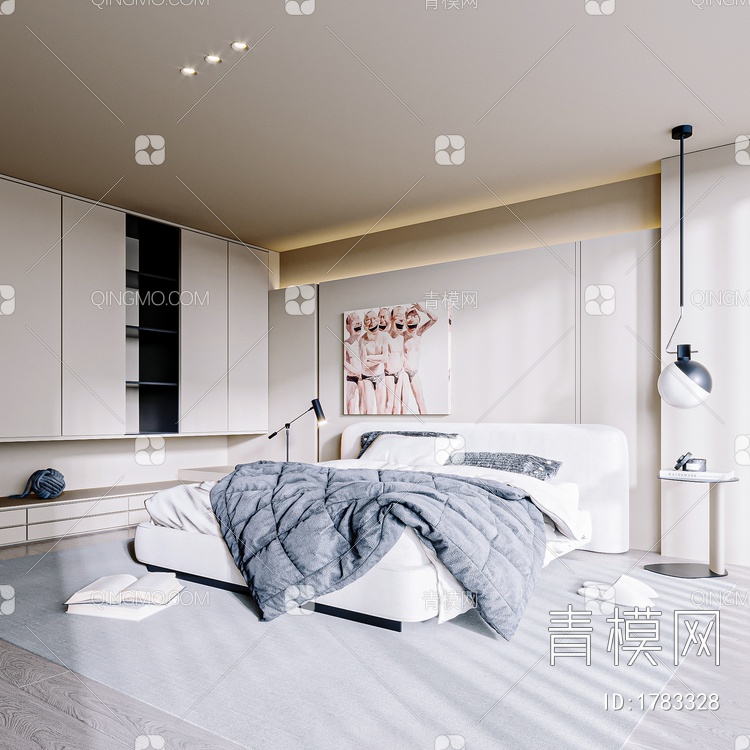 卧室，白色床3D模型下载【ID:1783328】