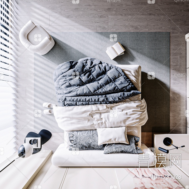 卧室，白色床3D模型下载【ID:1783328】