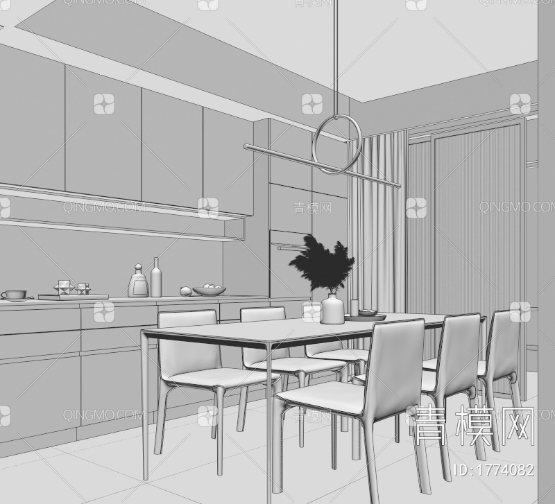 餐厅 餐桌椅 玻璃柜 书柜 画 吧台 酒柜 奶油风餐厅 吊灯 岛台3D模型下载【ID:1774082】