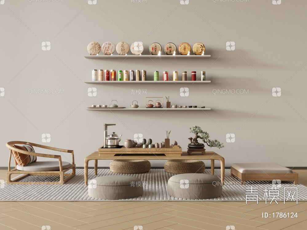 低茶桌，茶桌，茶具，蒲团3D模型下载【ID:1786124】