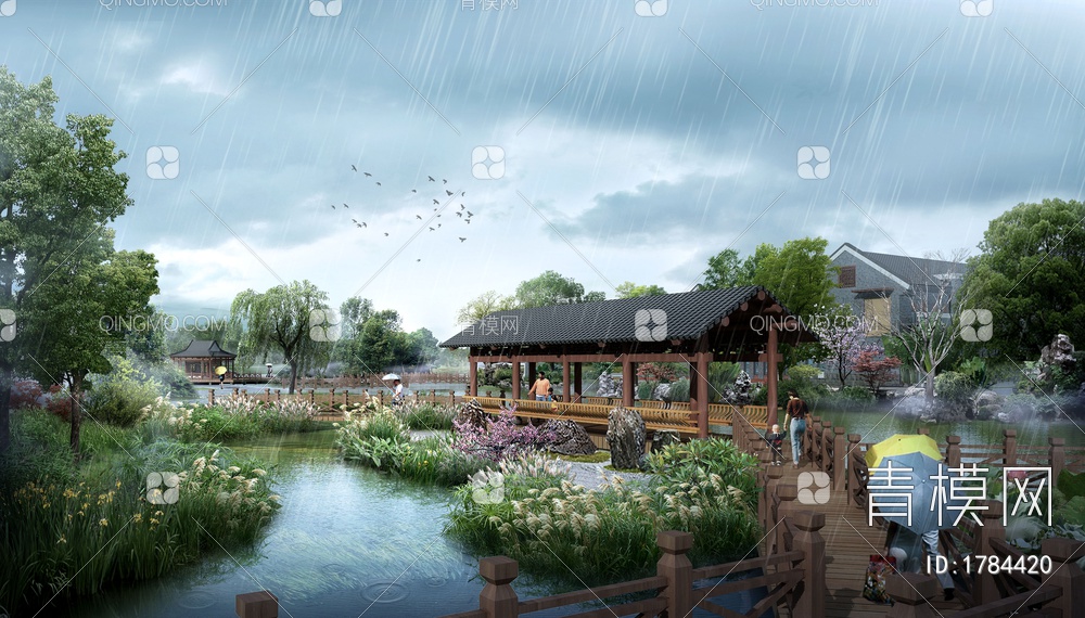 湿地公园雨天环境沿湖景观psd下载【ID:1784420】