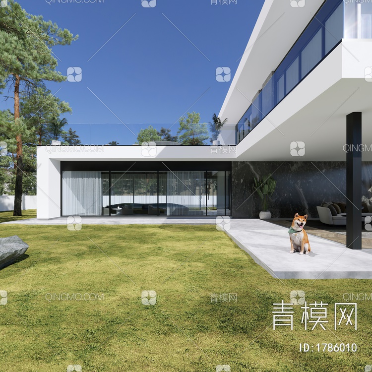 独栋别墅外观，泳池，草坪，狗3D模型下载【ID:1786010】