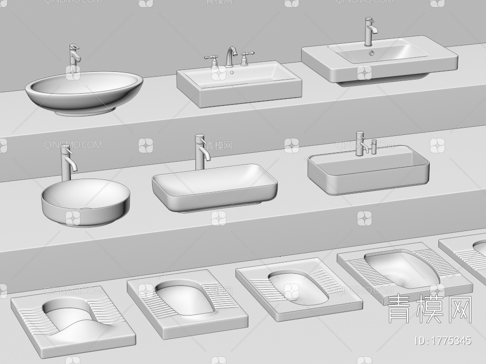 洗手台 蹲便器 洗手盆 水龙头 蹲便池3D模型下载【ID:1775345】