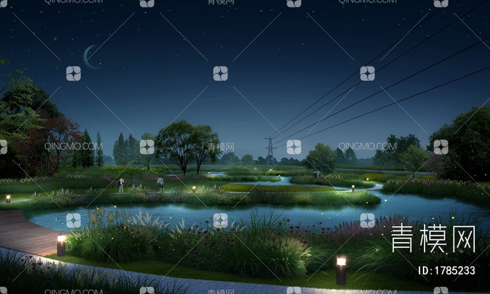 湿地公园高压线景观夜景透视图psd下载【ID:1785233】