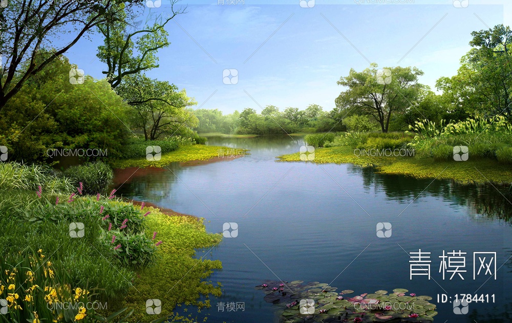湿地公园沿河景观效果图psd下载【ID:1784411】