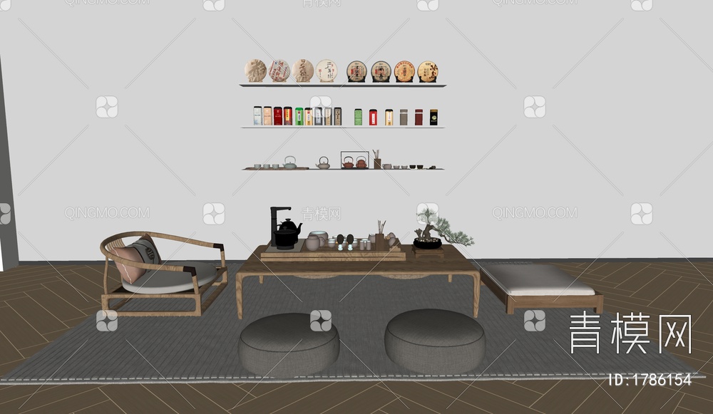 低茶桌，茶桌，茶具，蒲团SU模型下载【ID:1786154】