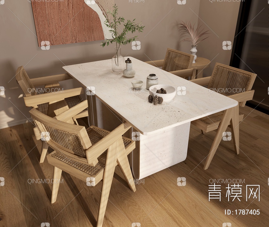 餐桌椅组合 挂画 花瓶摆件3D模型下载【ID:1787405】