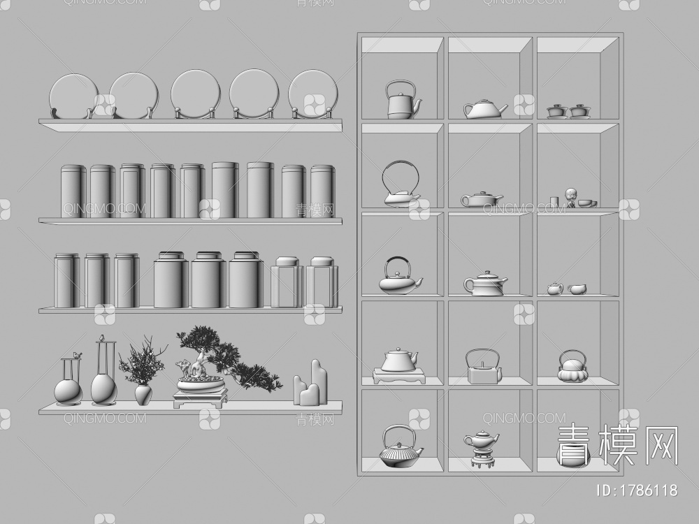 茶具，茶叶，装饰柜3D模型下载【ID:1786118】
