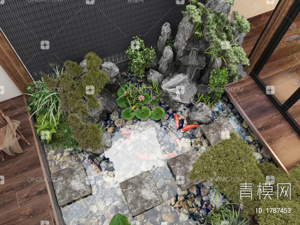 花园，庭院，园艺小品，弹琵琶的人，假山，金鱼3D模型下载【ID:1787453】