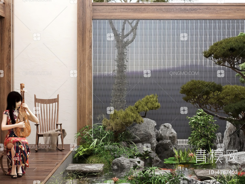 花园，庭院，园艺小品，弹琵琶的人，假山，金鱼3D模型下载【ID:1787453】