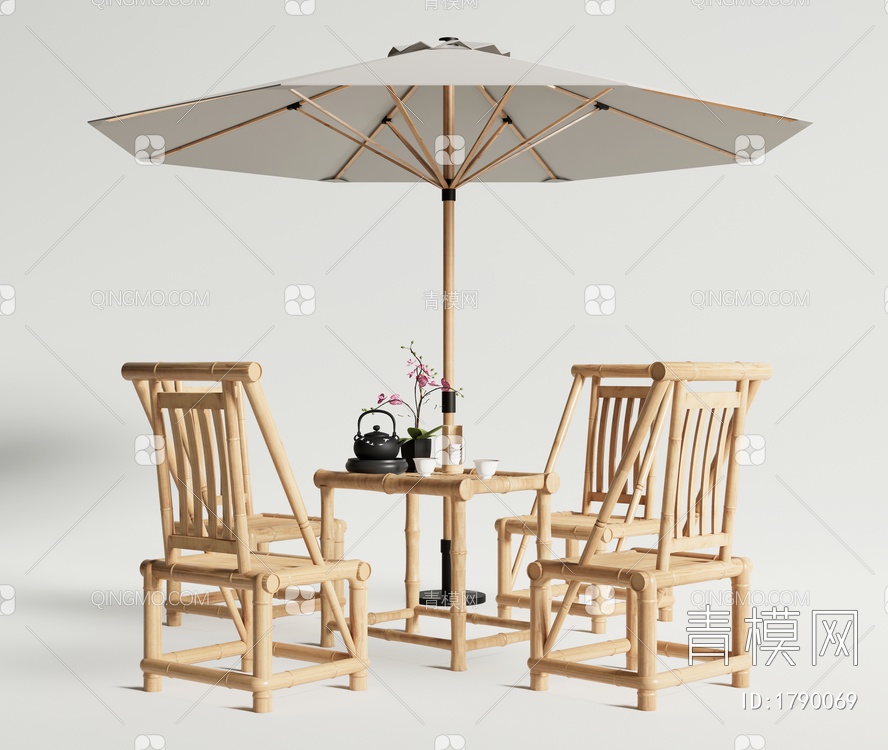 户外桌椅 休闲桌椅 竹编茶桌椅 遮阳伞3D模型下载【ID:1790069】