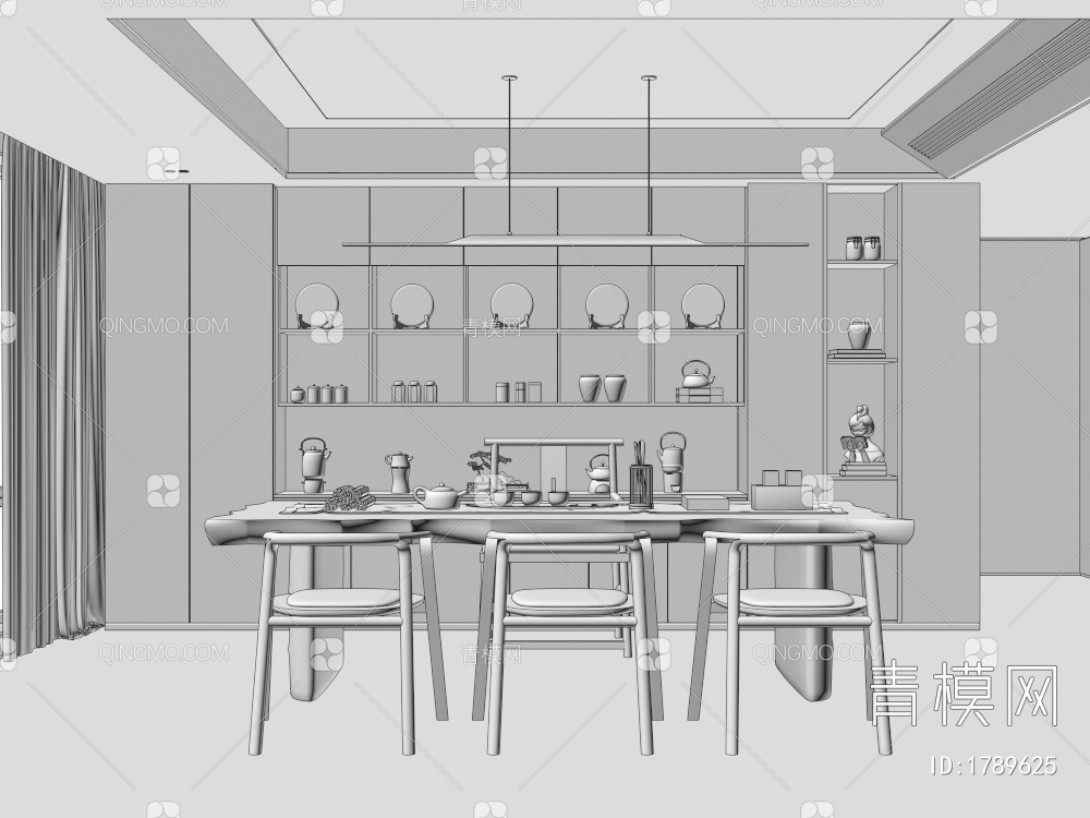 茶室 茶桌椅组合，茶具，装饰柜3D模型下载【ID:1789625】