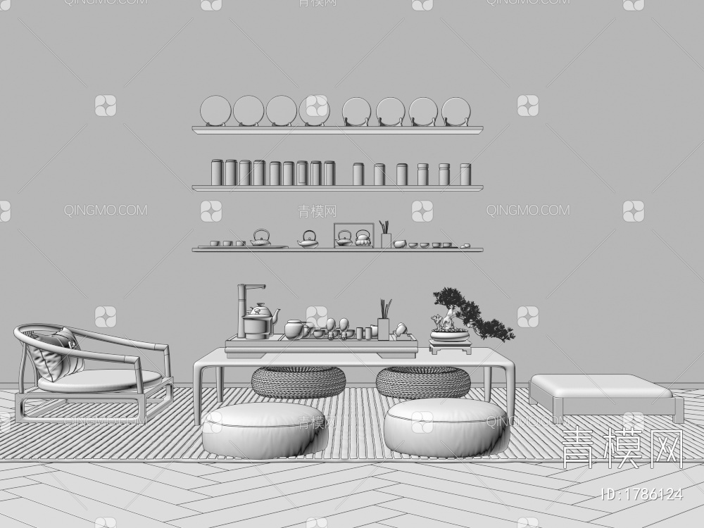 低茶桌，茶桌，茶具，蒲团3D模型下载【ID:1786124】