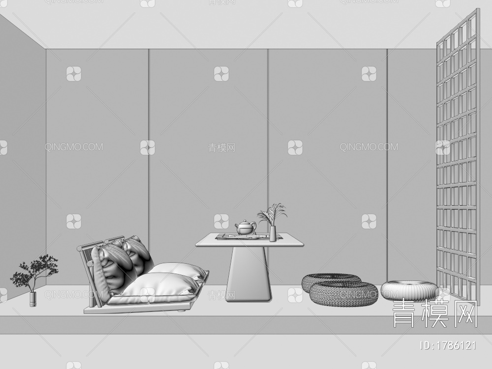 茶室，低茶桌，茶桌，茶具，蒲团3D模型下载【ID:1786121】