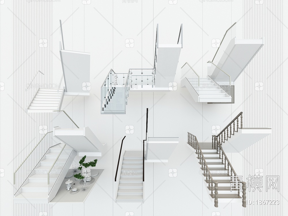 楼梯，楼梯间，U形楼梯，别墅楼梯，玻璃楼梯扶手，楼梯组合3D模型下载【ID:1867223】