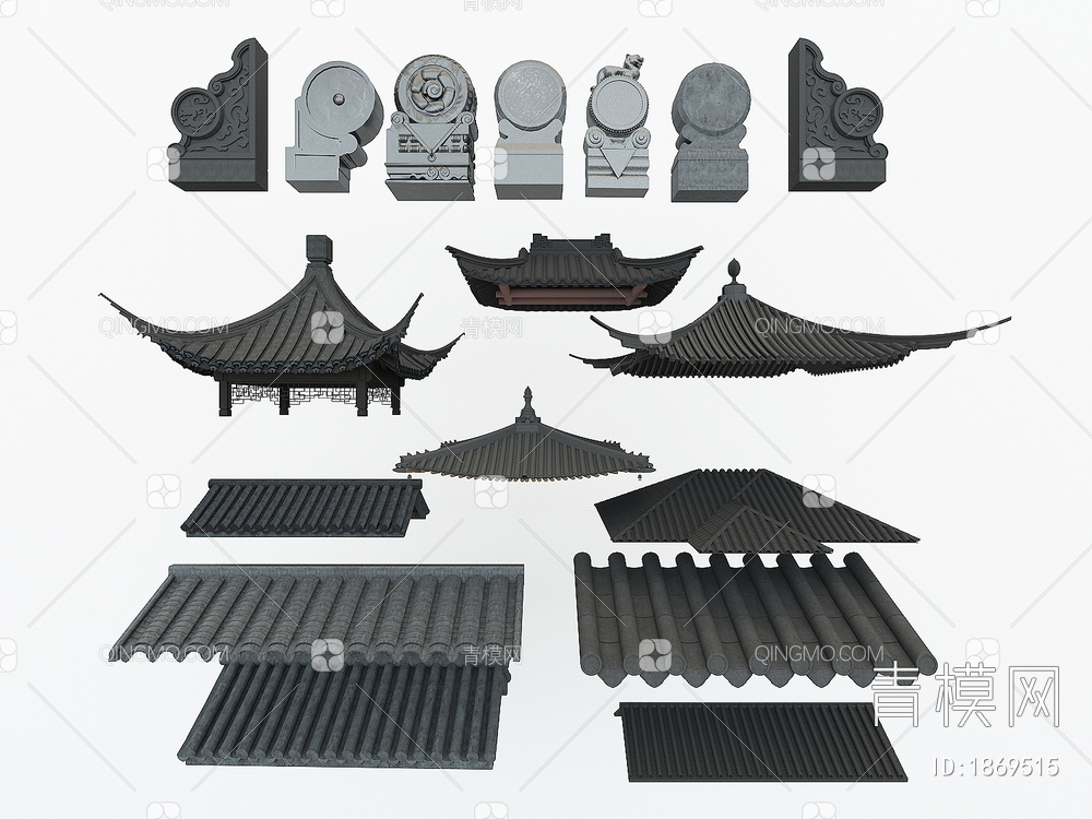 屋檐，房檐，屋顶瓦，石狮柱，石墩，构件3D模型下载【ID:1869515】