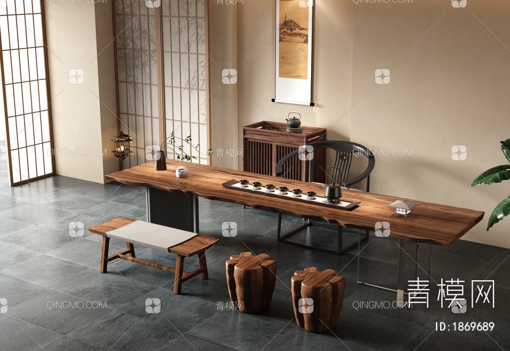 实木茶桌椅组合3D模型下载【ID:1869689】