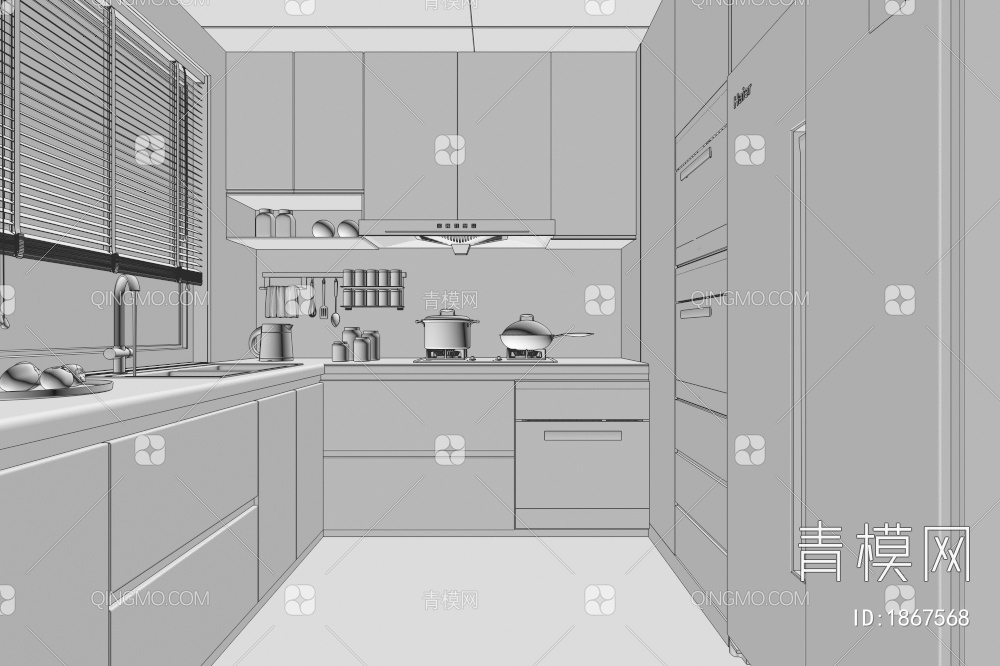 厨房，厨房，橱柜，冰箱，烤箱柜3D模型下载【ID:1867568】
