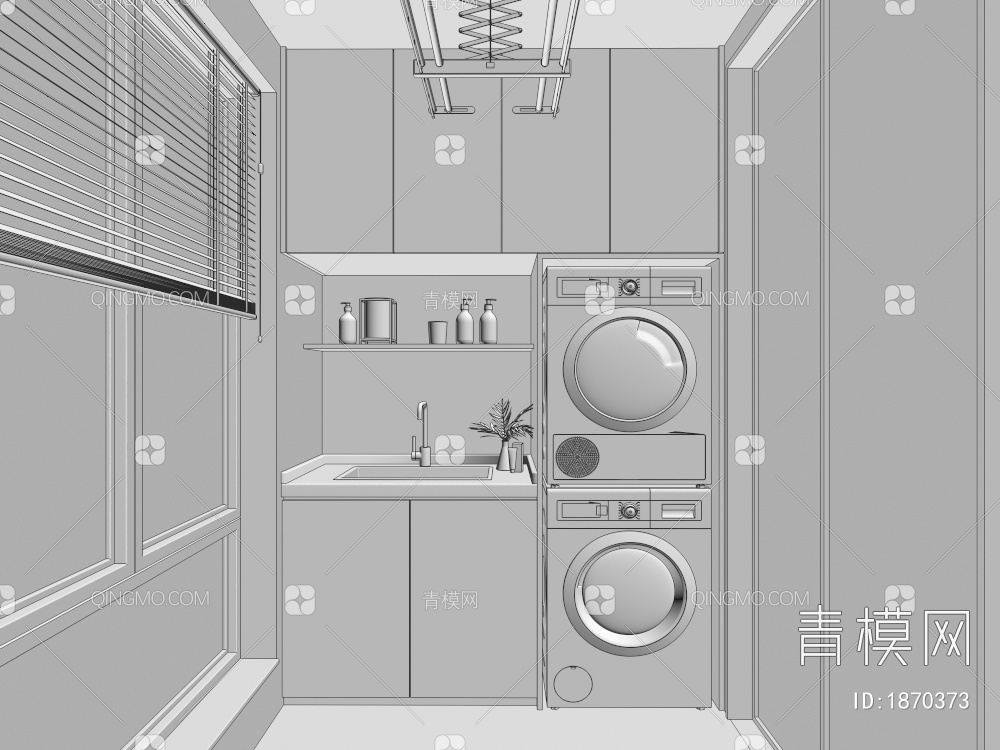 家居阳台洗衣柜，洗衣机，烘干机，晾衣架，洗手盆，百叶窗帘3D模型下载【ID:1870373】