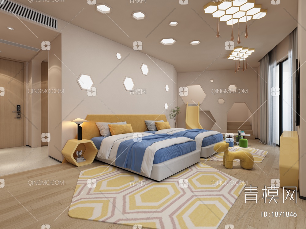 蜂巢主题酒店客房 亲子房卧室3D模型下载【ID:1871846】