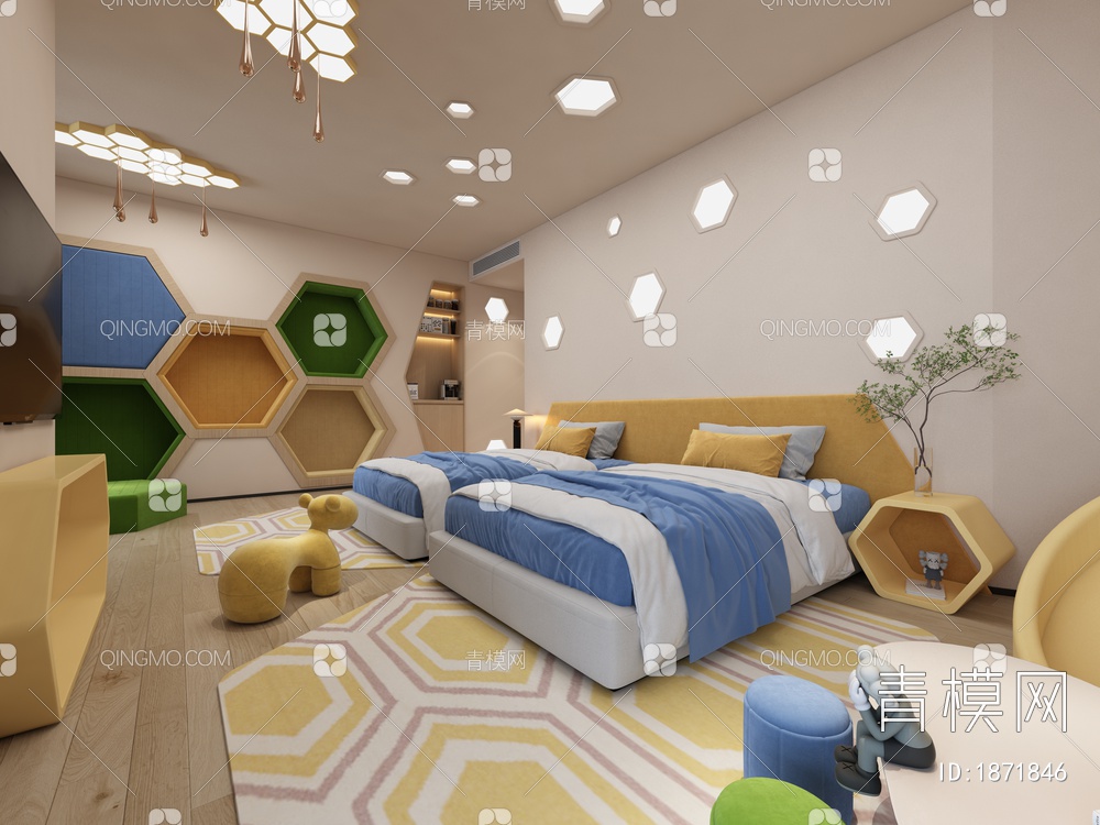蜂巢主题酒店客房 亲子房卧室3D模型下载【ID:1871846】