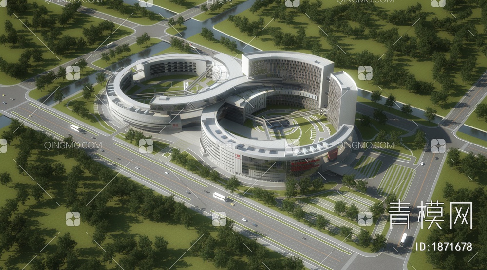 医院建筑鸟瞰规划3D模型下载【ID:1871678】