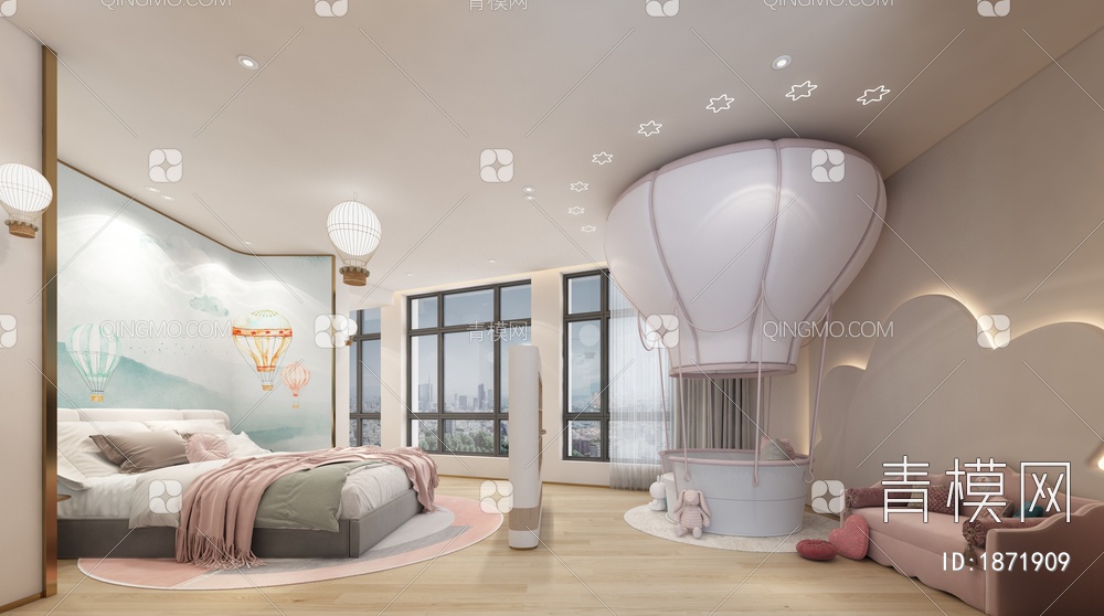 热气球主题酒店客房 亲子房 卧室3D模型下载【ID:1871909】