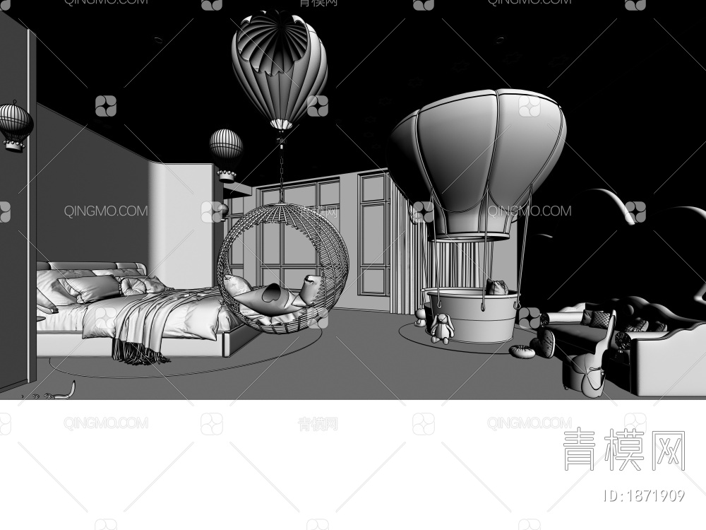 热气球主题酒店客房 亲子房 卧室3D模型下载【ID:1871909】