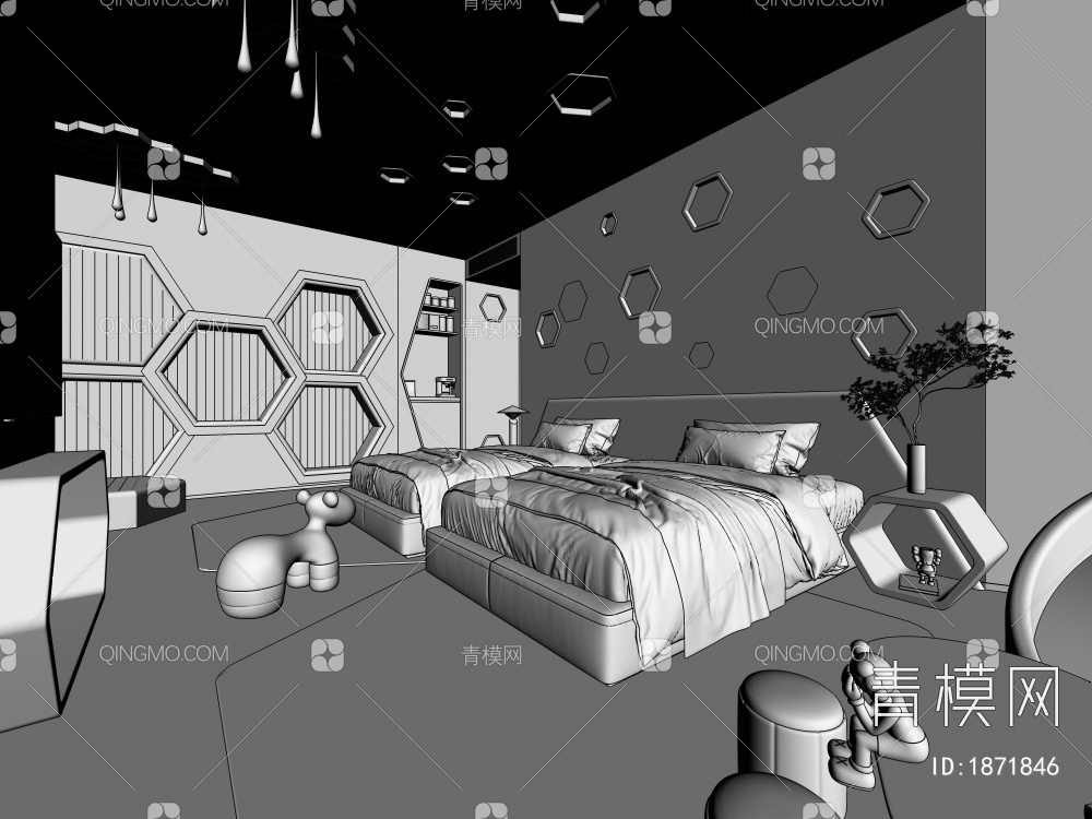 蜂巢主题酒店客房 亲子房卧室3D模型下载【ID:1871846】