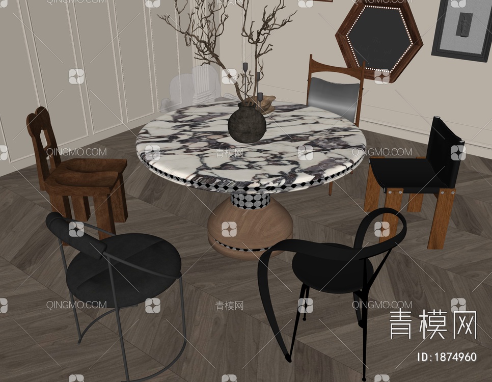 中古风餐桌椅SU模型下载【ID:1874960】