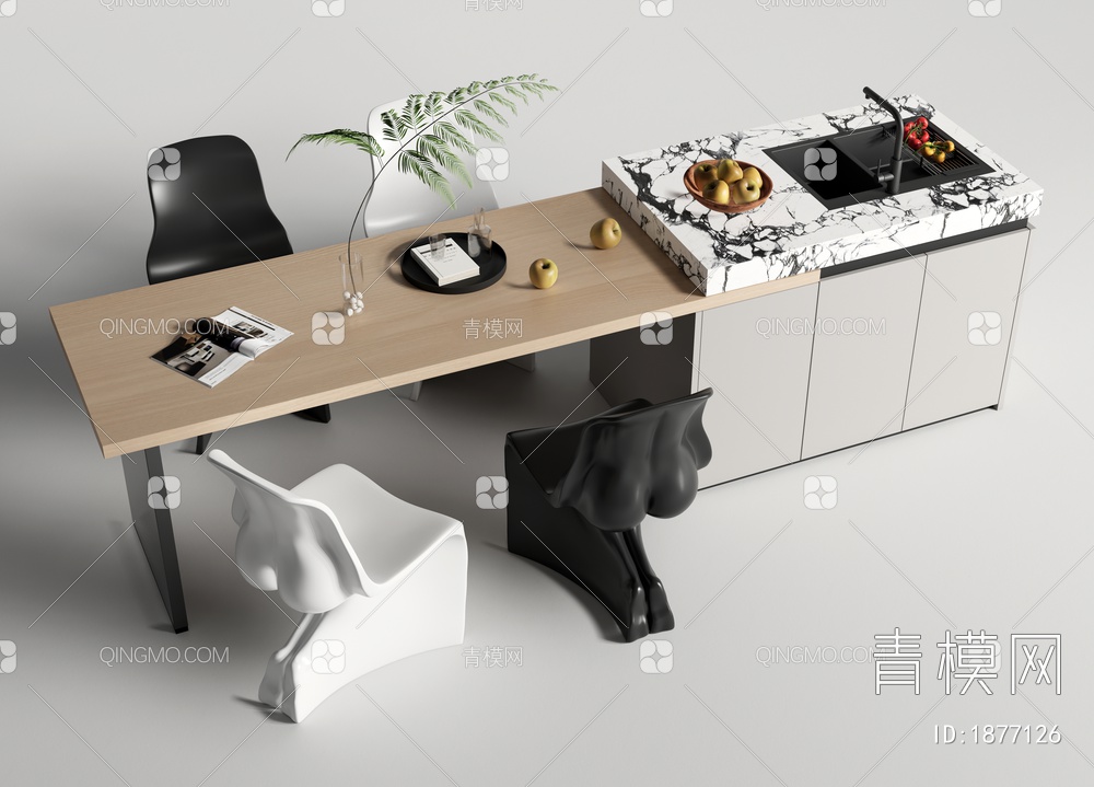 餐桌吧台组合 餐桌椅 吧台 中岛台 水槽3D模型下载【ID:1877126】