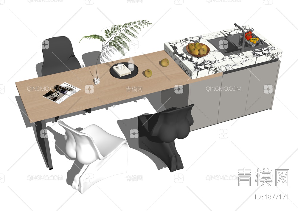 餐桌吧台组合SU模型下载【ID:1877171】