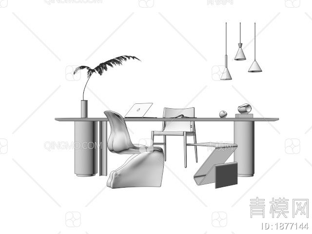 书桌椅组合 办公书桌 小吊灯 矮凳3D模型下载【ID:1877144】
