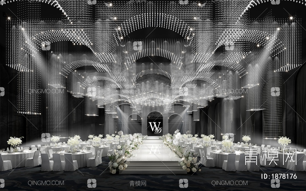 白色水晶灯主题婚礼宴会厅3D模型下载【ID:1878176】