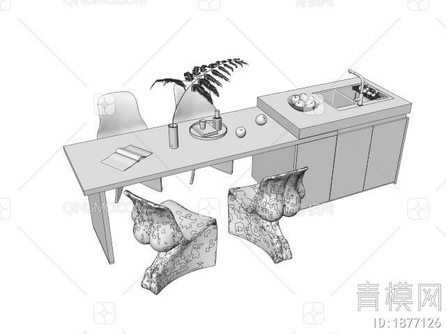 餐桌吧台组合 餐桌椅 吧台 中岛台 水槽3D模型下载【ID:1877126】