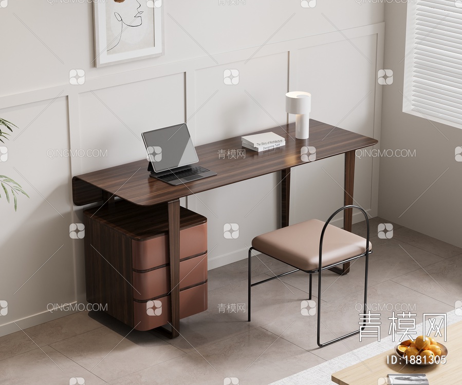 书桌椅组合 桌子 饰品 摆件3D模型下载【ID:1881305】