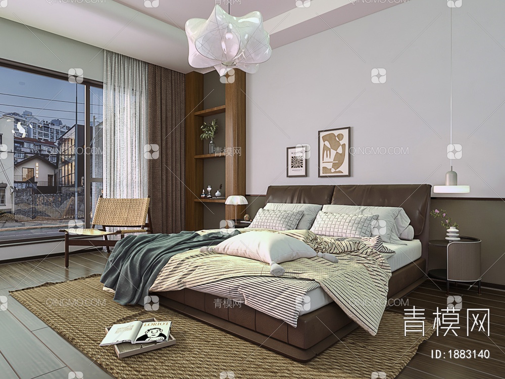 卧室 皮革双人床3D模型下载【ID:1883140】