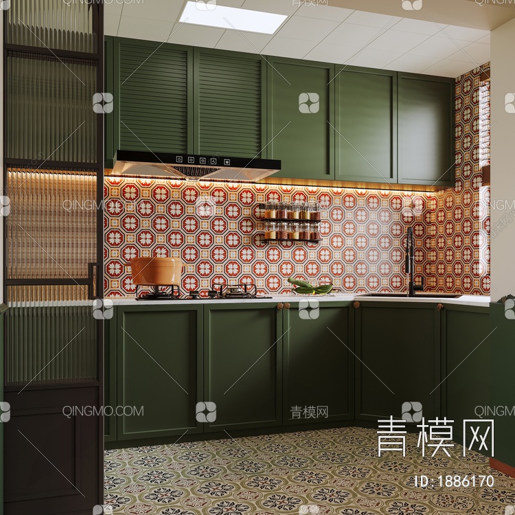 南洋复古封闭式厨房3D模型下载【ID:1886170】