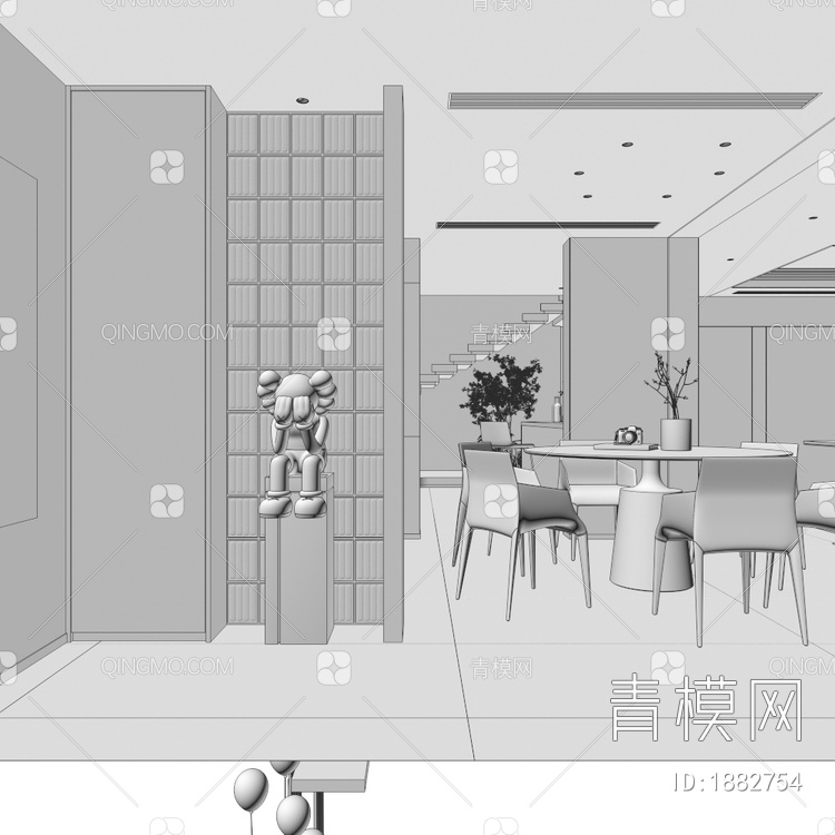 黑白灰家居餐厅、入户玄关3D模型下载【ID:1882754】