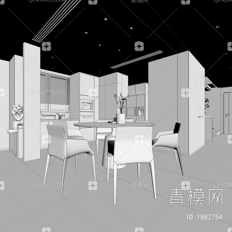 黑白灰家居餐厅、入户玄关3D模型下载【ID:1882754】